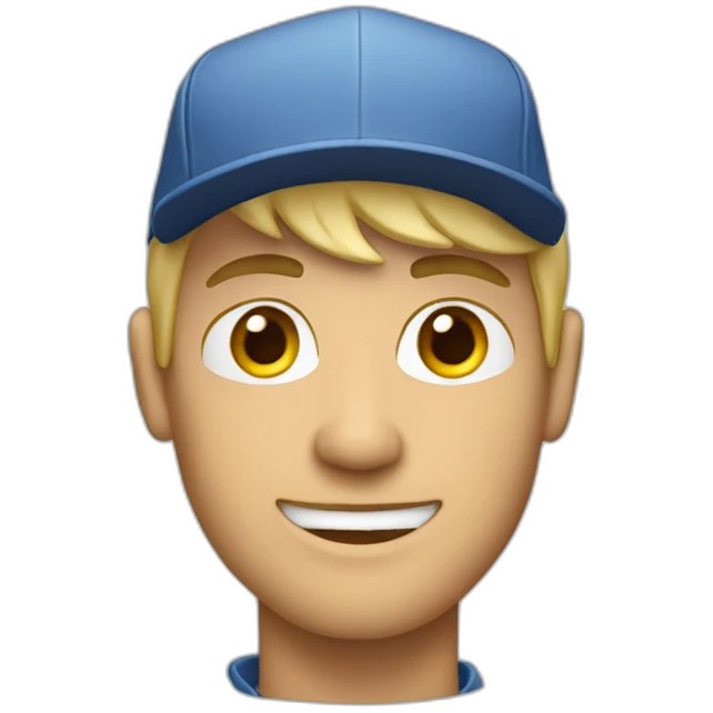 blonde guy wearing a cap with a mac book pro emoji