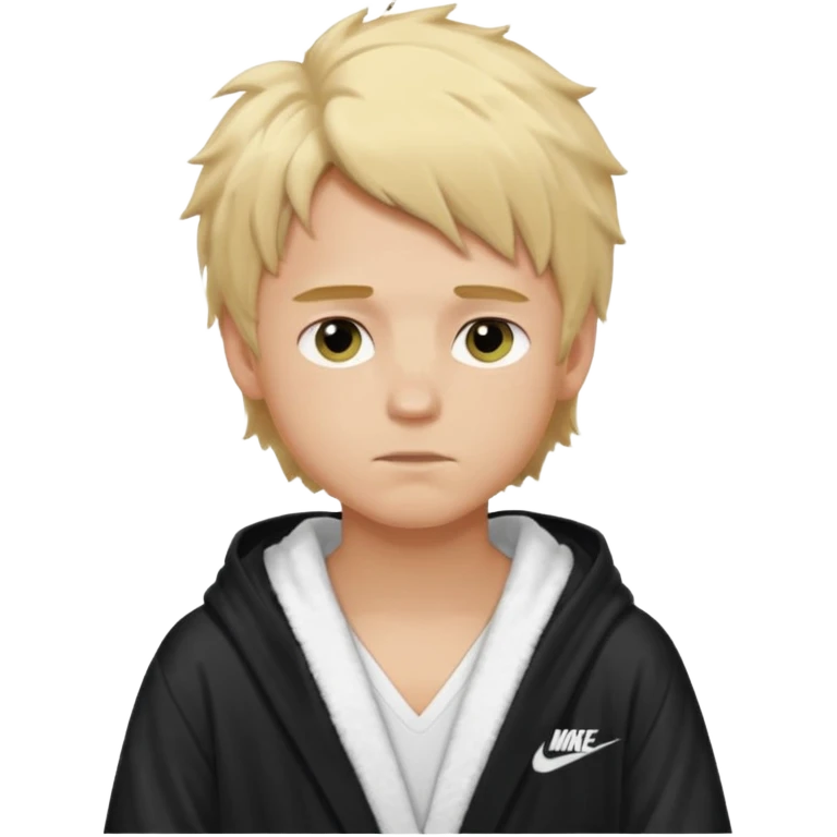 Create a blond boy with long, messy hair, light eyes, a white t-shirt, rich, with long hair, blue eyes, medium-length, voluminous hair, wearing a black Nike bathrobe and a little blush near his nose. emoji