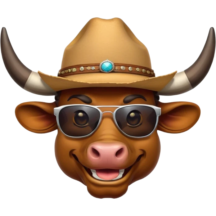 smiling bull head with prominent horns, dark sunglasses, and cowboy hat emoji