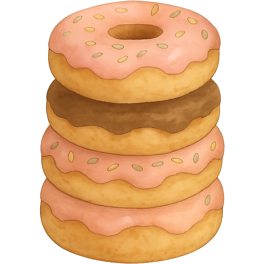 Stack of donuts in Ghibli style, detailed, soft red colors, with no background emoji