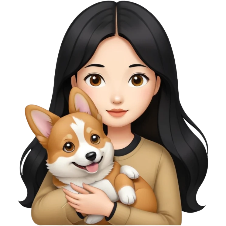 Asian girl with long black hair holding her corgi sable color emoji