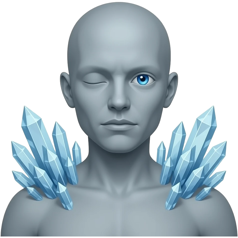 Weird Crystal humanoid thing with crystals growing on its back in glowing blue eyes with a gray body with a growing with no mouth with glowing blue eyes with a single blue glowing eye emoji