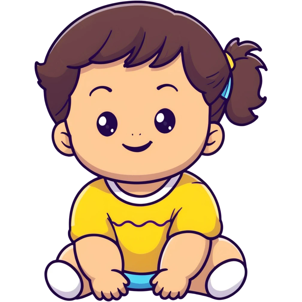smiling toddler face with big eyes, medium skin tone, dark wavy hair, and a hair band emoji