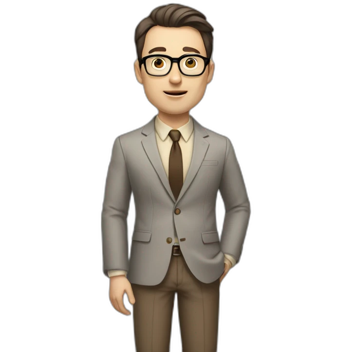 Full height Actively Gesturing Pale skinned fit man with dark brown hair in gray jacket, beige office shirt, brown tie, brown pants and vintage glasses. emoji