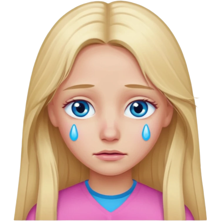 Blond long hair girl with blue eyes in pink with tears in eyes emoji