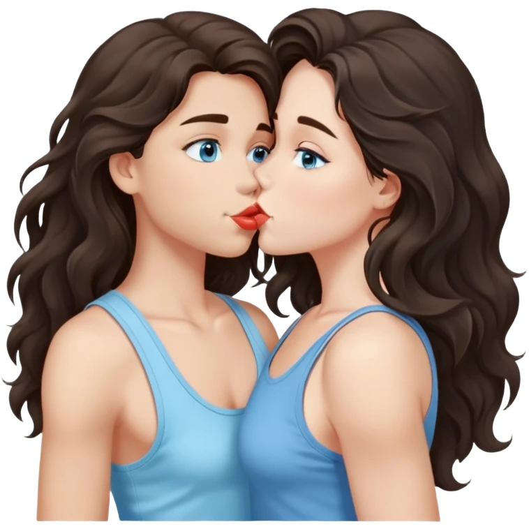 A girl with long, dark brown, wavy hair, grey-blue eyes, and a light blue tank top gives a kiss  emoji