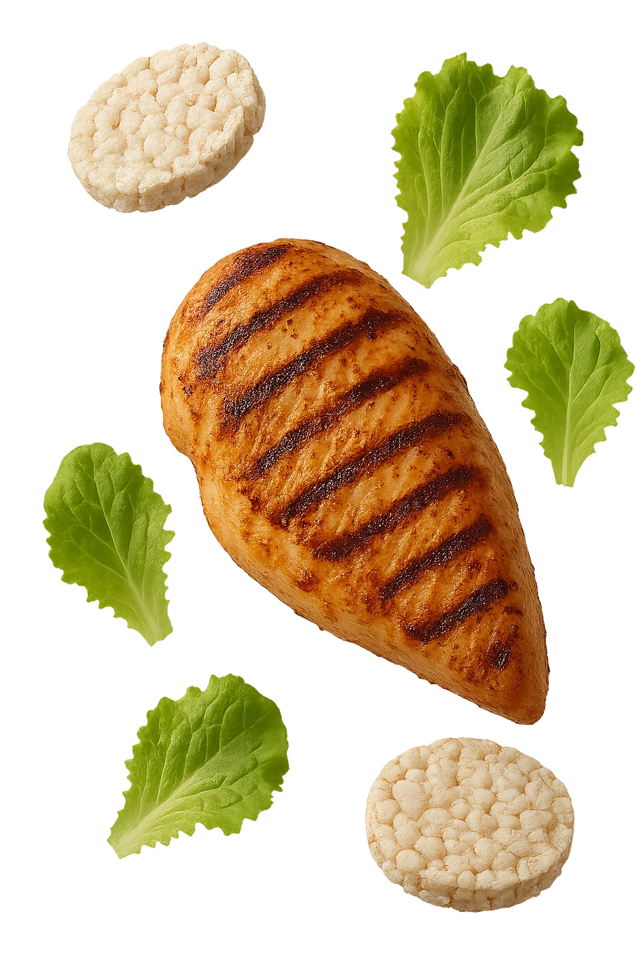petto di pollo grigliato fluttua in aria insieme a gallette di riso e foglie di insalata, iperrealistico 4k emoji