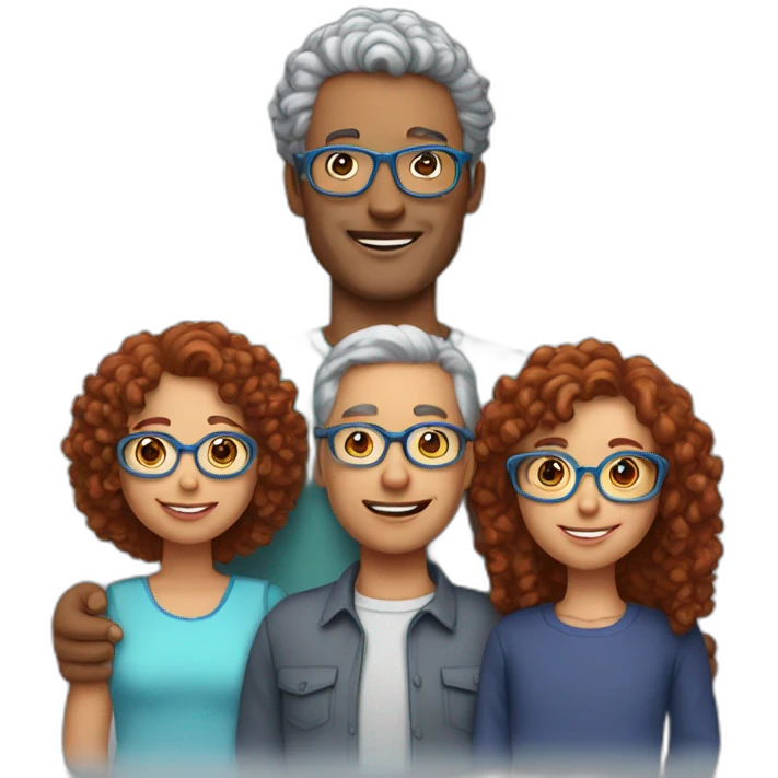 family of four father with gray hair mother with red curly hair and blue glasses son with brown hair and little daughter with curly brown hair emoji