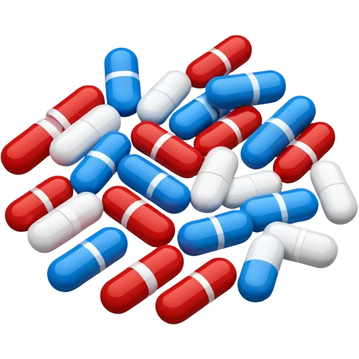 A close-up of mixed pills and capsules, red, white, and blue colors, clean background, light reflections on surface, realistic Memoji-style. emoji