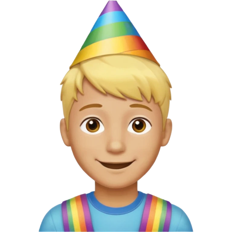 Young man, short yellow hair, rainbow birthday hat, happy emoji