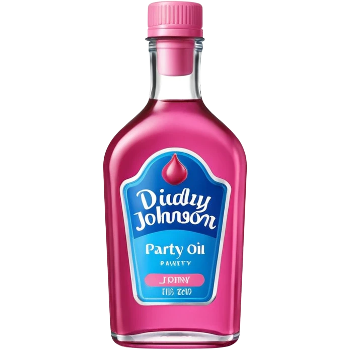 bottle of oil blue top pink outside with logo that says Diddy Party oil Johnson and Johnson  brand with a smiling berry on top emoji