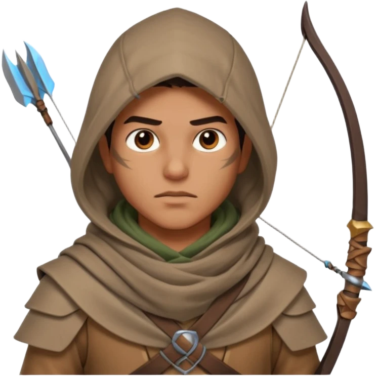 desert archer warrior portrait, head and shoulders only, hooded scarf collar, quiver strap visible, sharp focused eyes, 3D cartoon, mobile game icon style, clean background, no text, no watermark
 emoji