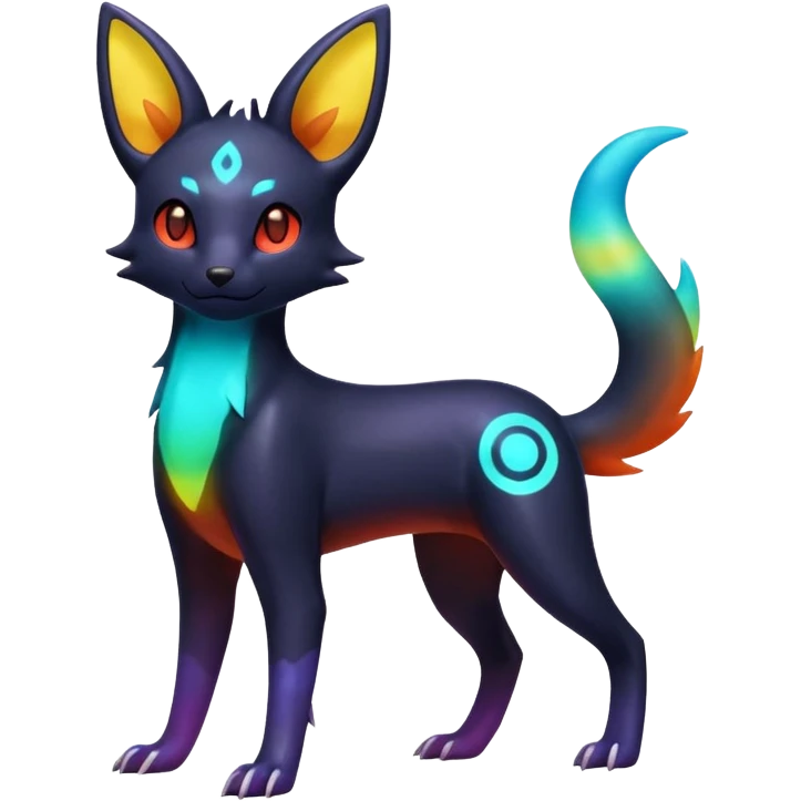 Shiny Aural Iridescent Fluorescent Bioluminescent Umbreon-Amaura-Salandit-Torracat-Fakémon-fusion (full body) emoji