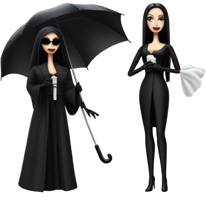 Funeral Barbie,teen Morticia Addams ,drying tears with handkerchief, show full body,accessories  gloves, funeral veil, holding umbrella  emoji