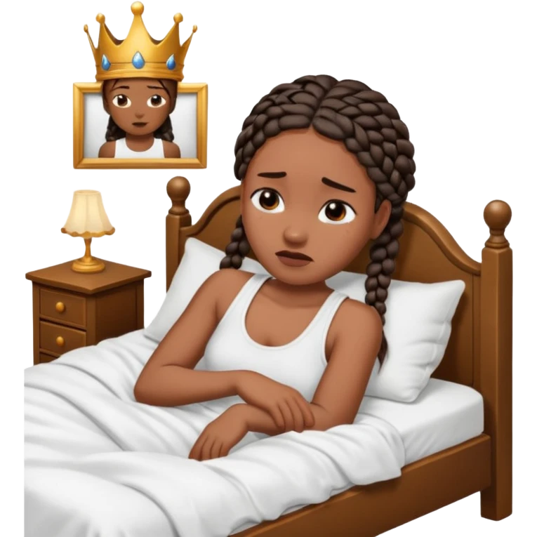 Black woman with braids in a big king size bed on one side by herself crying emoji