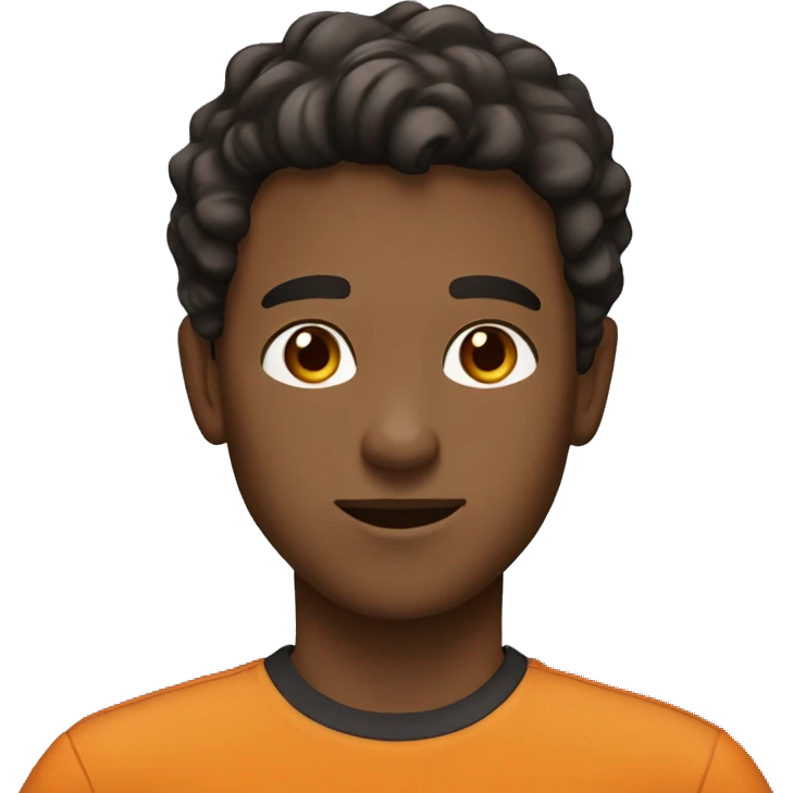 young man with dark brown eyes and dark brown hair wavy. orange shirt emoji