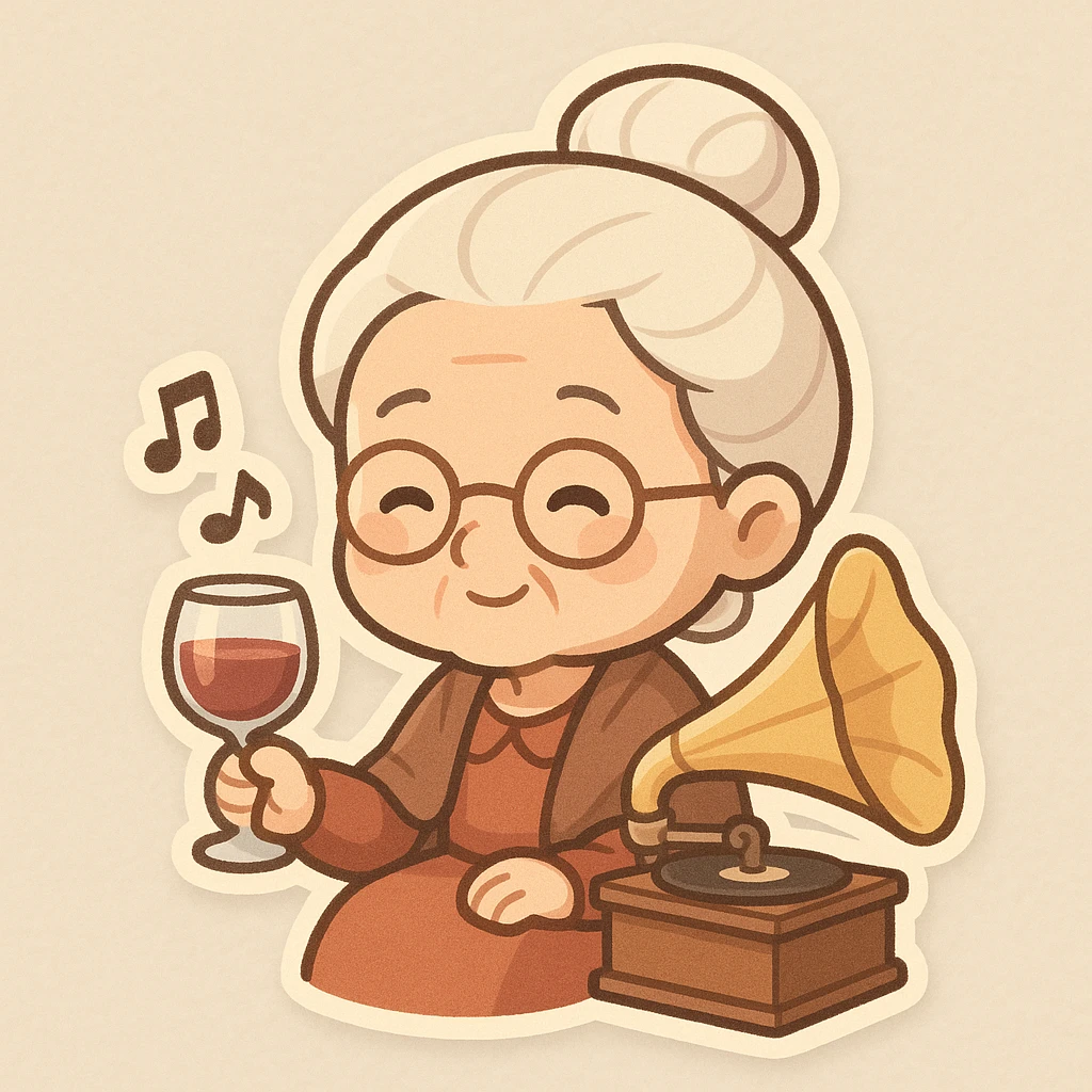 old lady with wineglass listening to gramophone emoji