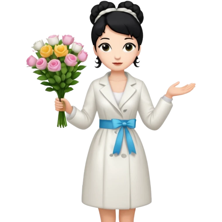 Chica blanca,cuerpo entero, vestido fiesta blanco ,manga larga ,con abrigo blanco ,pelo negro,    ramo de flores una mano, pelo recogido en moño alto emoji