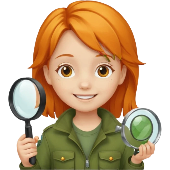 braid orange haired girl kid in moss green explorer outfit, holding magnifying glass, smile emoji