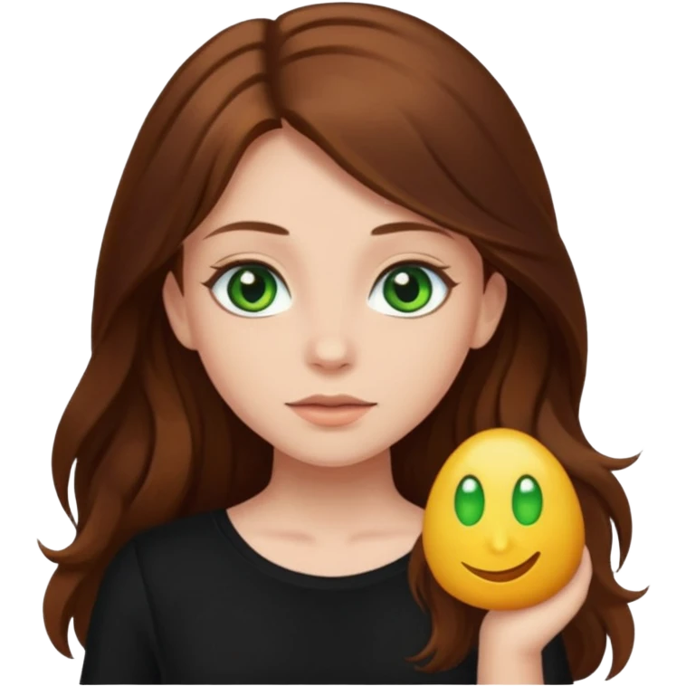 Girl with brown long hair, green eyes, black top emoji