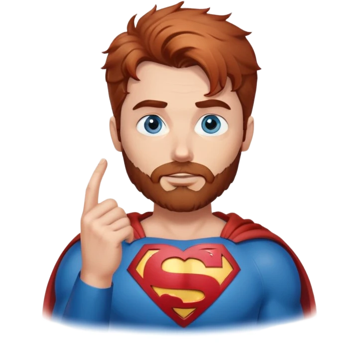 Adult Superman-with redish brownish messy hair-full neatly trimmed beard-blue eyes-hand heart emoji emoji