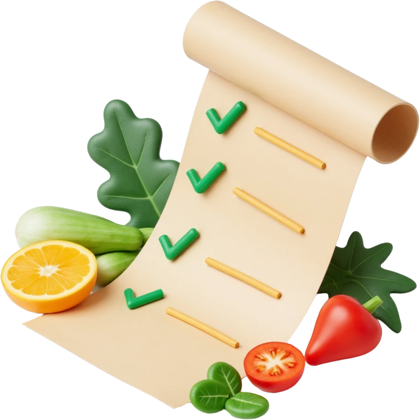 floating rolled paper list with green checkboxes and around vegetables emoji