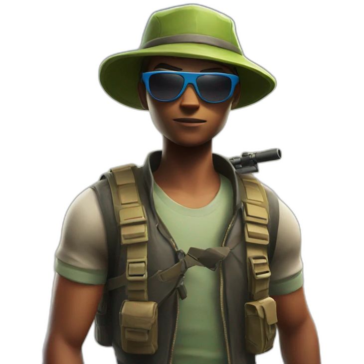 Boy with sunglasses and cap in fortnite with sniper emoji