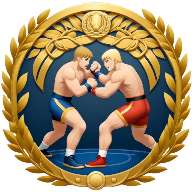 An icon symbolizing wrestling combat sports in the style of an emblem. The design features two wrestlers locked in a powerful grapple, one attempting to take the other down. Surrounding the scene are stylized elements like a championship belt, wrestling mat, and a laurel wreath. Transparent background emoji