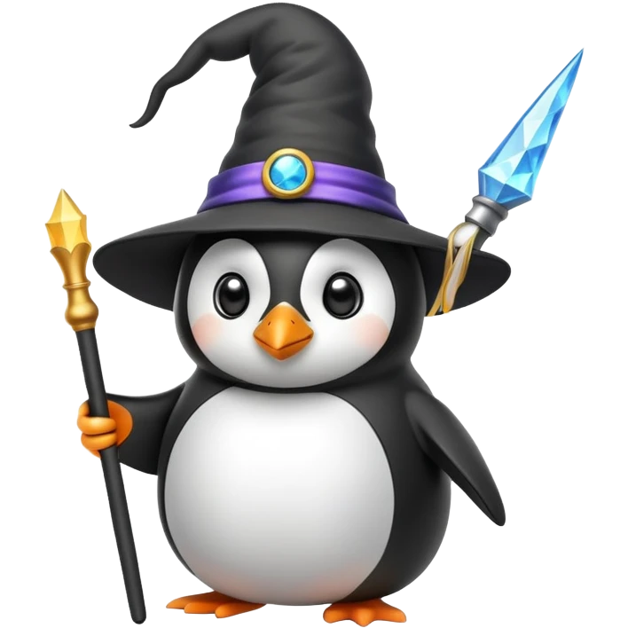 penguin wearing a wizard hat and holding a magic wand emoji