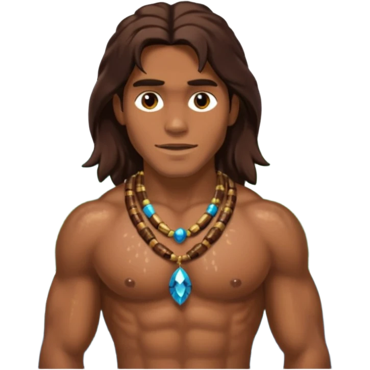 Tarzan with long dark brown hair, brown sequin loincloth, shirtless with necklace emoji
