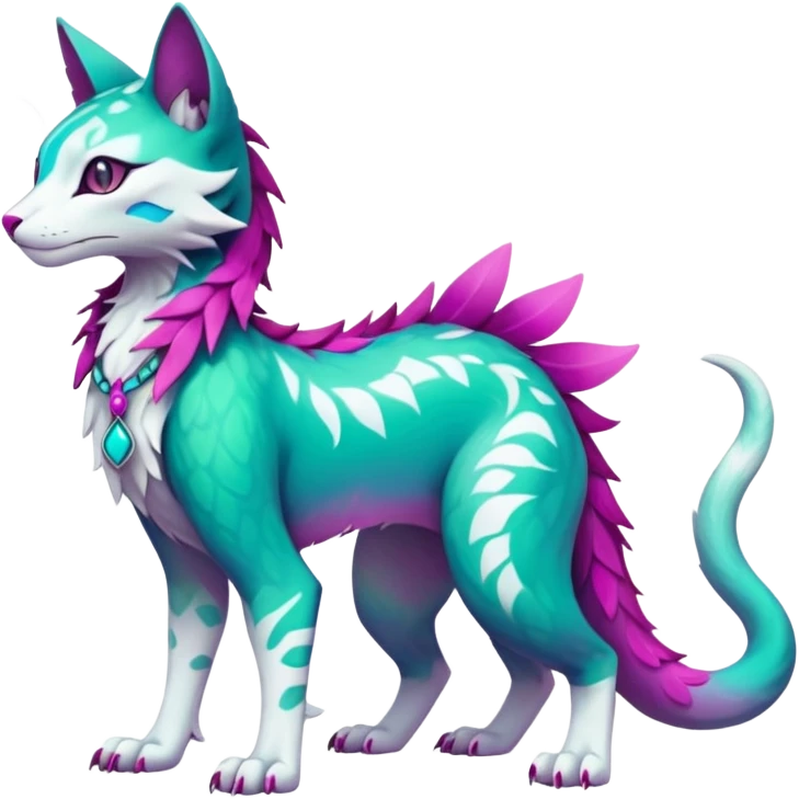 Kawaii colorful iridescent turquoise-green and magenta and white beautiful pretty elegant divine edgy fantasy feline-vernid-sergal-Fakémon-Pokémon-fursona-animal-creature with accessories, full body, with intricate detailed markings emoji