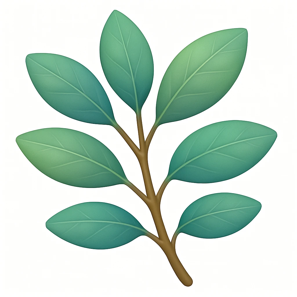 Edit the image to make the branch shorter while keeping the green eucalyptus leaves with a tinge of blue. The style should resemble emoji style with simple and concise features. emoji
