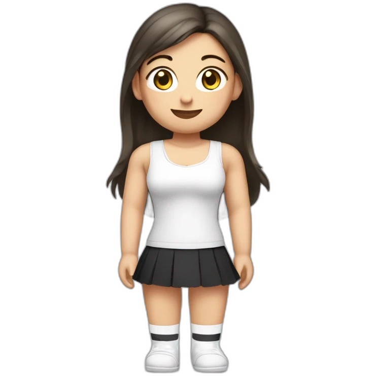 Front view full body curvy caucasian beauty sitting straight hands up black skirt white knickers white socks emoji