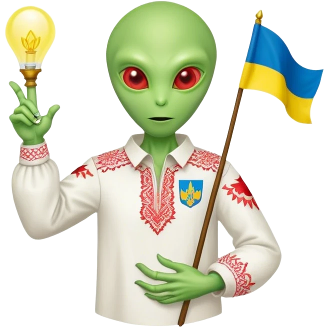 Green alien in Shirt 👚 vyshyvanka, white with red embodiary on sleeved, with 🇺🇦 Ukraine flag in a hand emoji