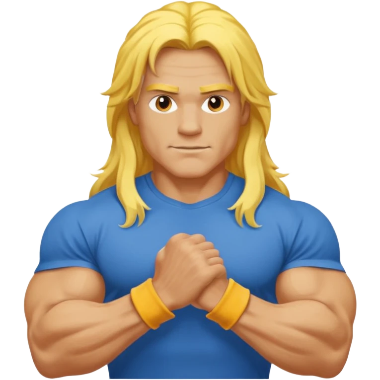 guy with biceps, long yellow hair, blue t-shirt emoji