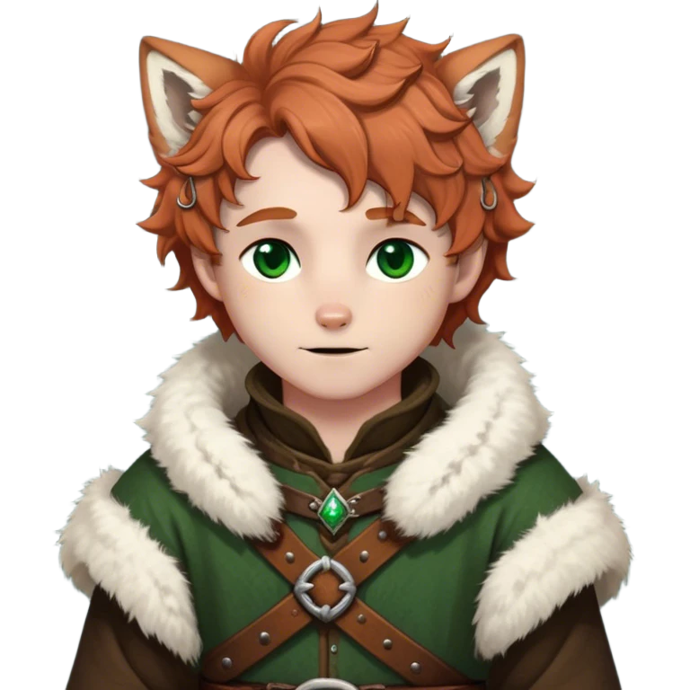 Medieval winter outfit worn by a DnD themed fantasy male character. Thick rustic brown wool tunic with arctic fox fur trim, adorned with hammered copper clasps and a heavy woven leather belt. Clothes only above the waist, full waist coverage. The character has no arms. Character is white-skinned with cinnamon colored hair, deep green eyes, and short curly hair dusted with winter frost. emoji