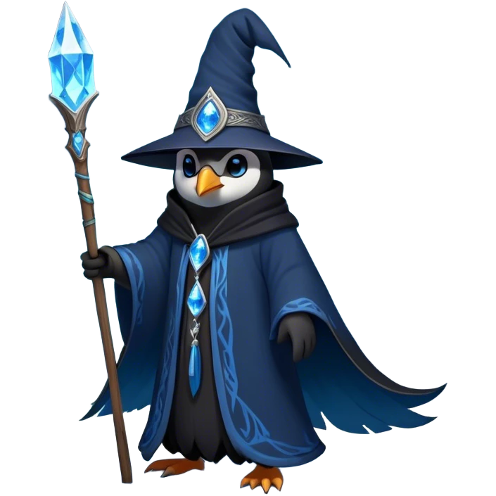 A mysterious penguin mage with sleek midnight-blue feathers, wearing a flowing black robe adorned with silver runes. A tall, pointed wizard hat sits slightly tilted on his head, the brim casting a shadow over his glowing icy-blue eyes. His flipper clutches an ancient wooden staff topped with a swirling crystal, radiating a soft, cold light. Snowflakes drift around him as he stands on a frozen cliff, his aura crackling with arcane energy, ready to summon a blizzard with a flick of his staff. emoji