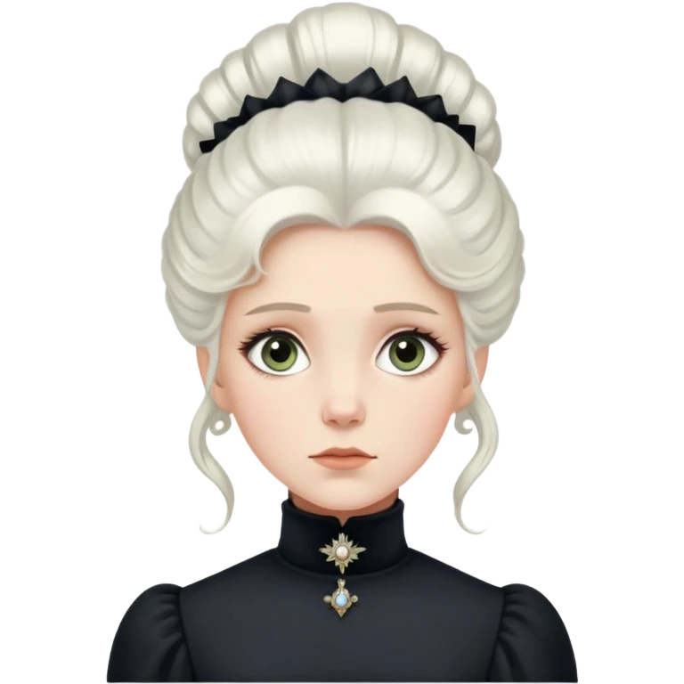 Victorian-era white woman with white coiffed hair, light eyes, wearing a simple dark turtleneck Victorian gown, with a dropped jaw in awe and wonder emoji