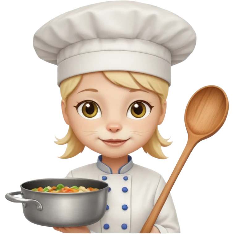 White girl cat with a chef hat holding a pan while smiling emoji