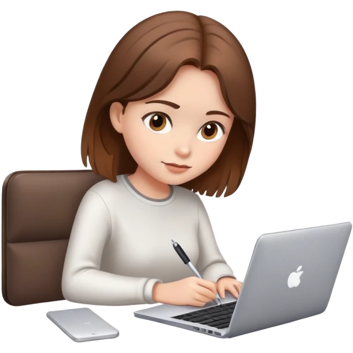 Chica de cabello marrón u lacio escribiendo en una computadora  emoji