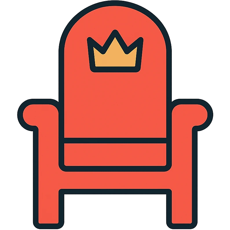 Minimalist DnD king throne icon in red outline. Simple fantasy royal seat with basic crown symbol on top. emoji