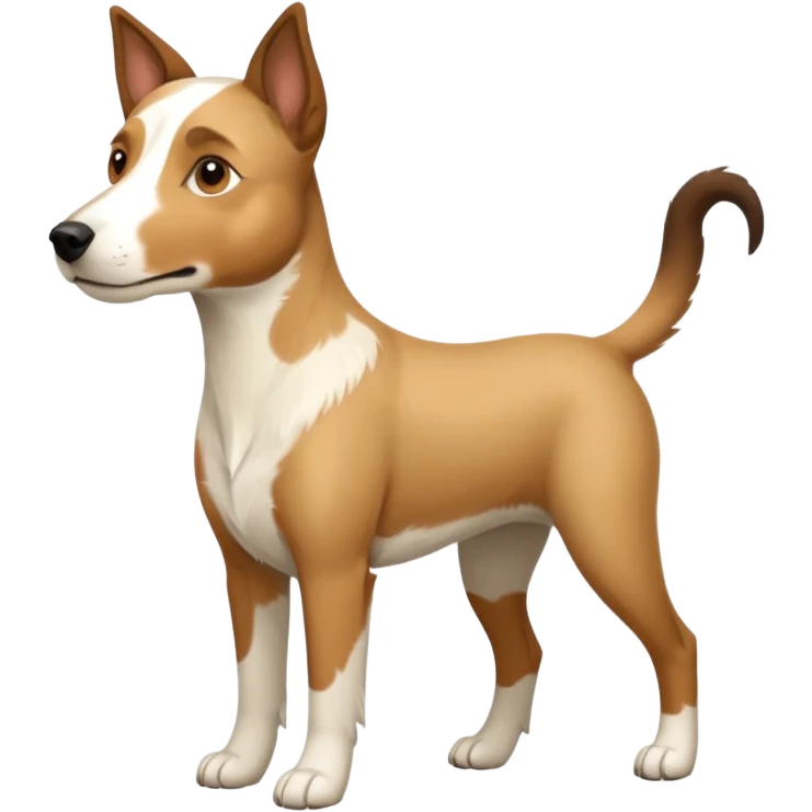 a full body large white parson russell looking dog the size of a kelpie with light brown flapped down ears and a light brown patch on one eye and a large snout emoji