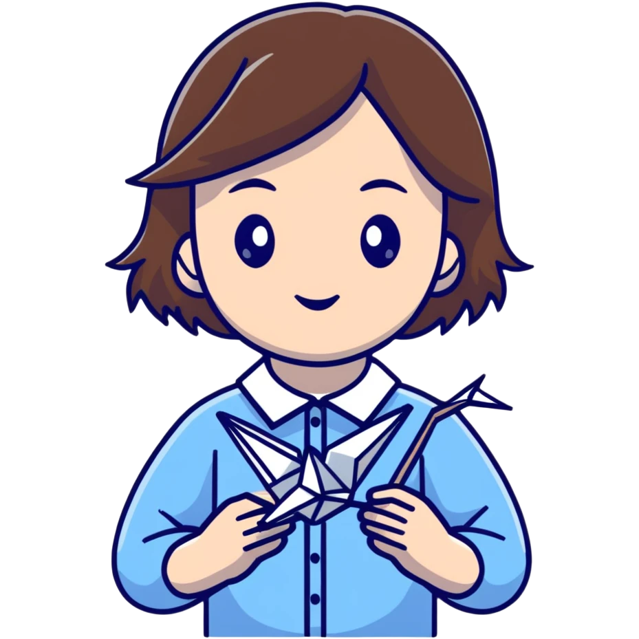 A Ukrainian young girl with brown hair wearing a white embroidered shirt holds an origami blue crane emoji