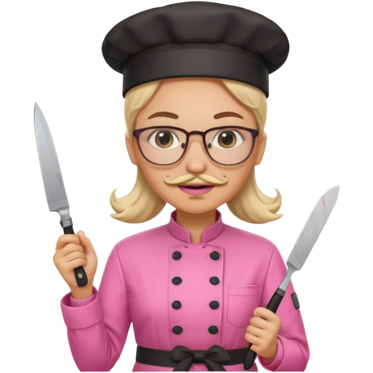 female italian chef, pink uniform, with mustace, wearing glasses, holding knife emoji