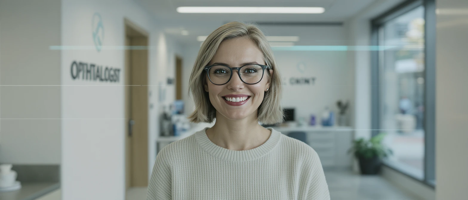Cinematic still of a smiling european white woman with glasses smiling, minimalistic ophthalmologist interior in background, leading  lines, "rule of thirds" emoji