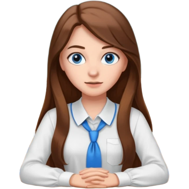 high school class room with a pretty female high school student with long brown hair, blue eyes emoji