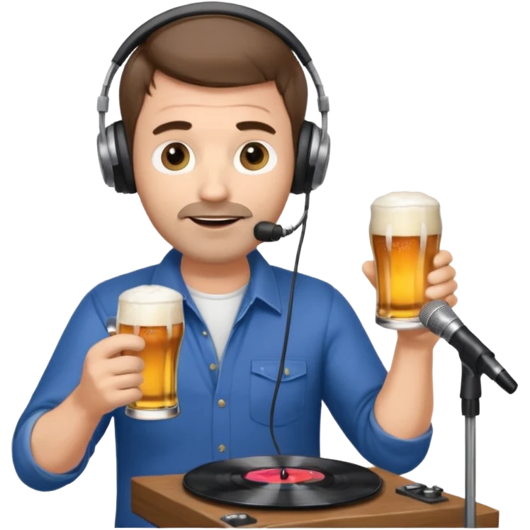 a middle aged white male radio presenter, with short brown hair and slightly unshaven, wearing headphones, speaking into a microphone, with a beer in his right hand and vinyl record in his left hand emoji