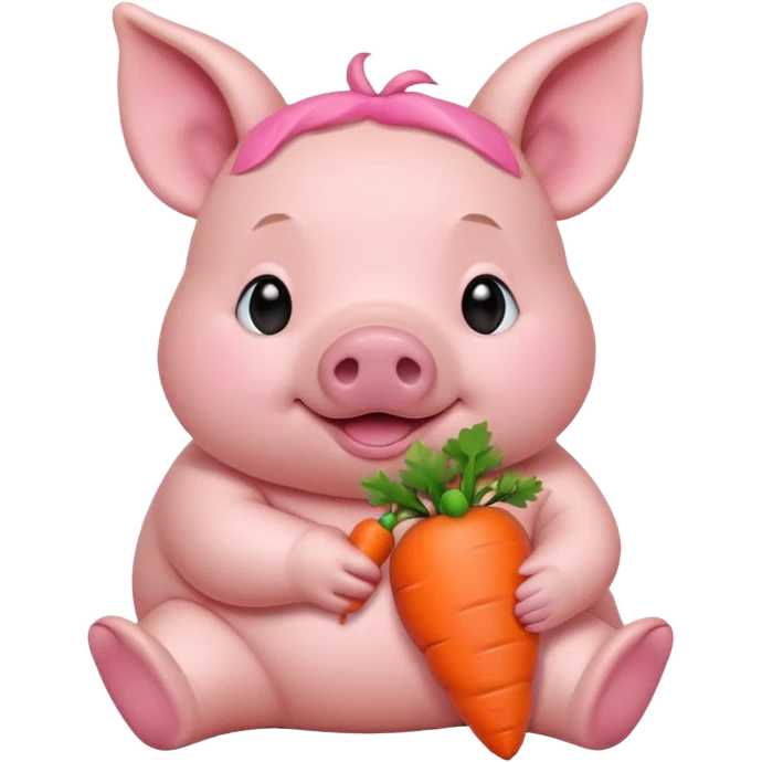 Baby Sitting Piglet – chubby piglet sitting down holding a toy carrot emoji