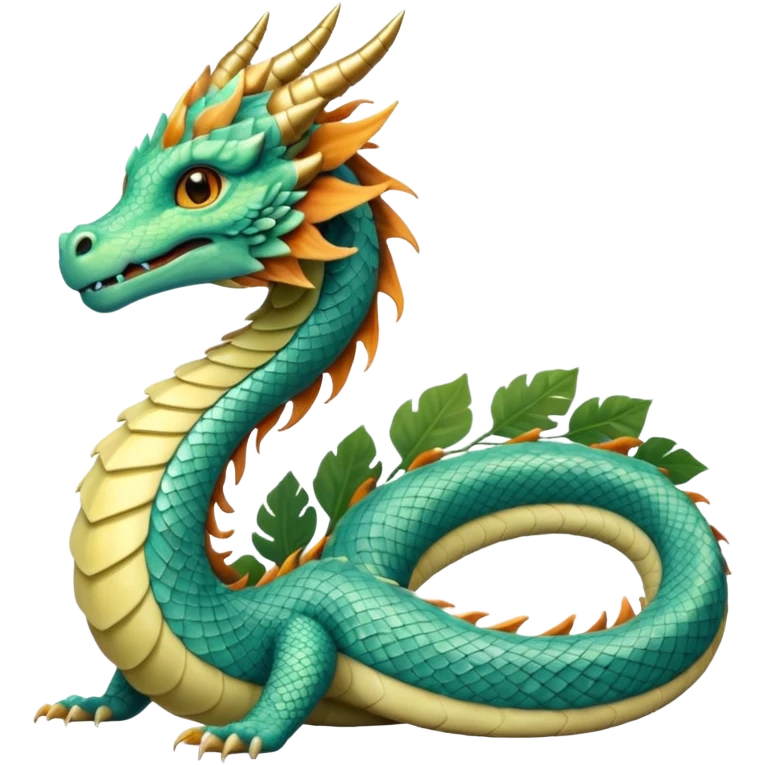  serpent dragon. Slim, serpentine body with smooth scales in soft blues and greens. Fluffy leaf plumes replace the tail fins, and a terracotta crown-like crest adorns its head. Gentle amber eyes. emoji