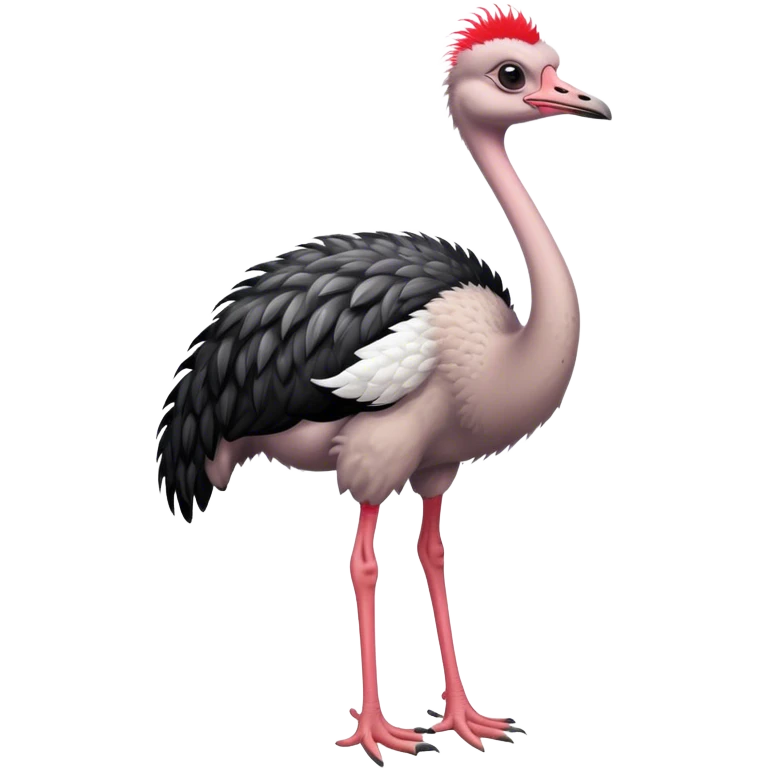 Full picture of an ostrich with black and white feathers on the body, pinkish-red neck, and red legs. emoji